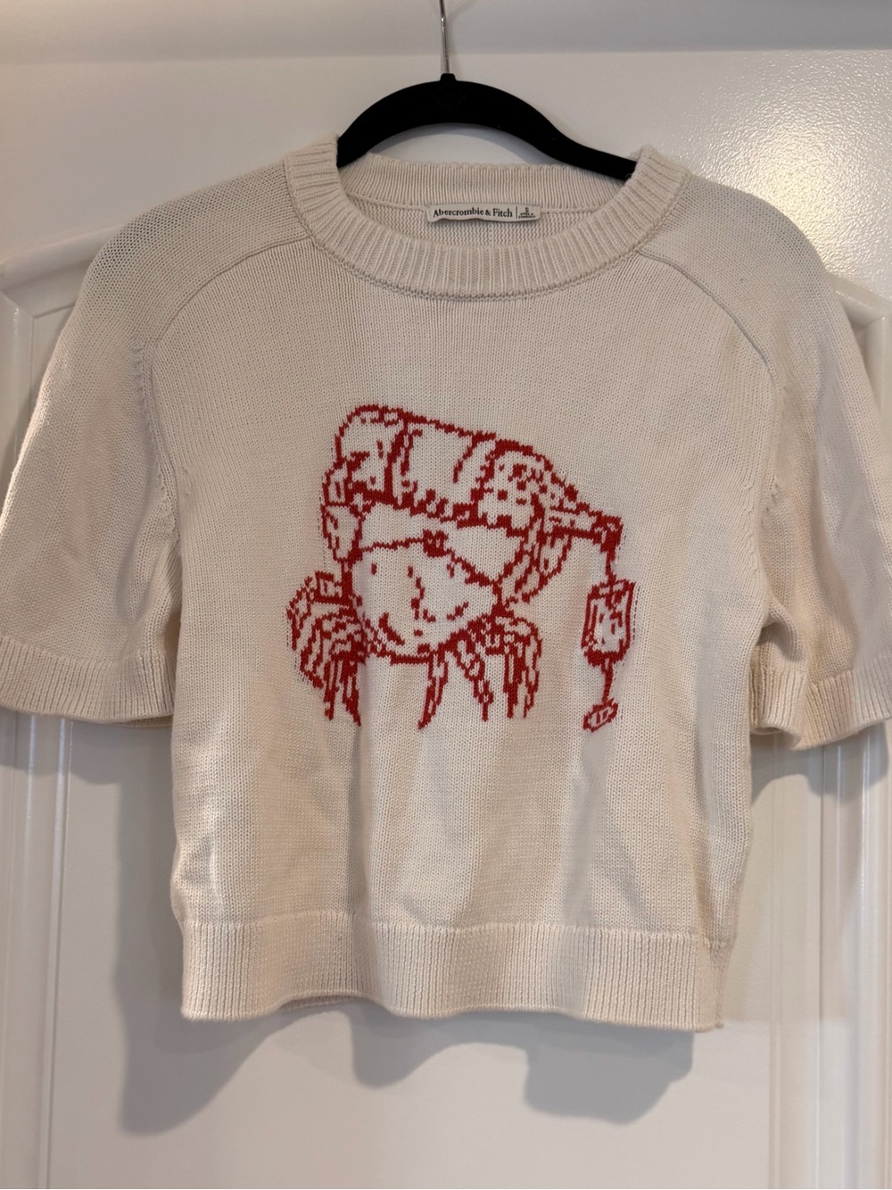 Abercrombie & Fitch Cream Short-Sleeve Knit Sweater with Red Graphic Face